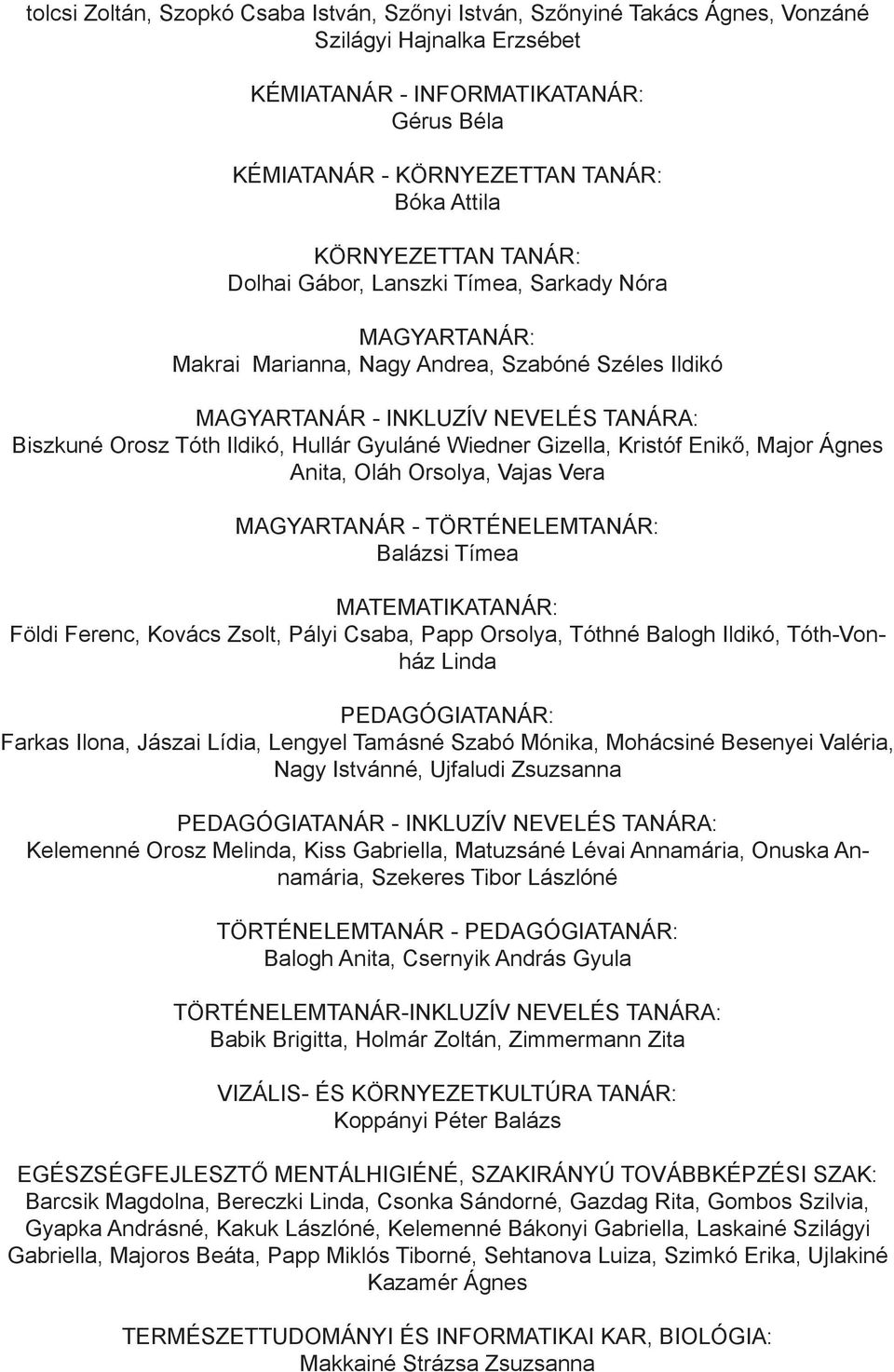 Hullár Gyuláné Wiedner Gizella, Kristóf Enikő, Major Ágnes Anita, Oláh Orsolya, Vajas Vera MAGYARTANÁR - TÖRTÉNELEMTANÁR: Balázsi Tímea MATEMATIKATANÁR: Földi Ferenc, Kovács Zsolt, Pályi Csaba, Papp