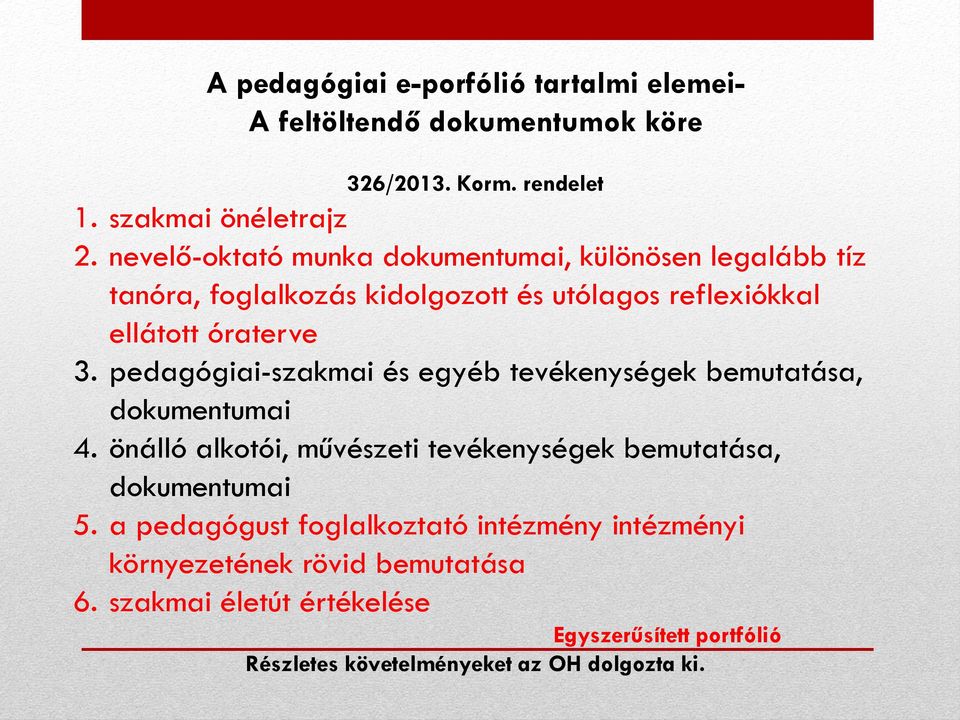 pedagógiai-szakmai és egyéb tevékenységek bemutatása, dokumentumai 4. önálló alkotói, művészeti tevékenységek bemutatása, dokumentumai 5.