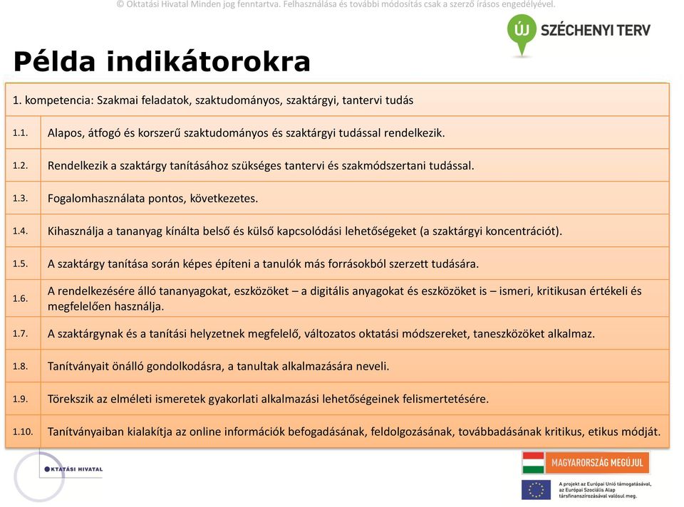 Kihasználja a tananyag kínálta belső és külső kapcsolódási lehetőségeket (a szaktárgyi koncentrációt). 1.5. A szaktárgy tanítása során képes építeni a tanulók más forrásokból szerzett tudására. 1.6.