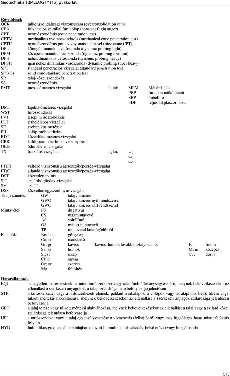 (dynami probing medium) DPH nehéz dinamikus verőszonda (dynami probing heavy) DPSH igen nehéz dinamikus verőszonda (dynami probing super heavy) SPT standard penetráiós vizsgálat (standard penetration