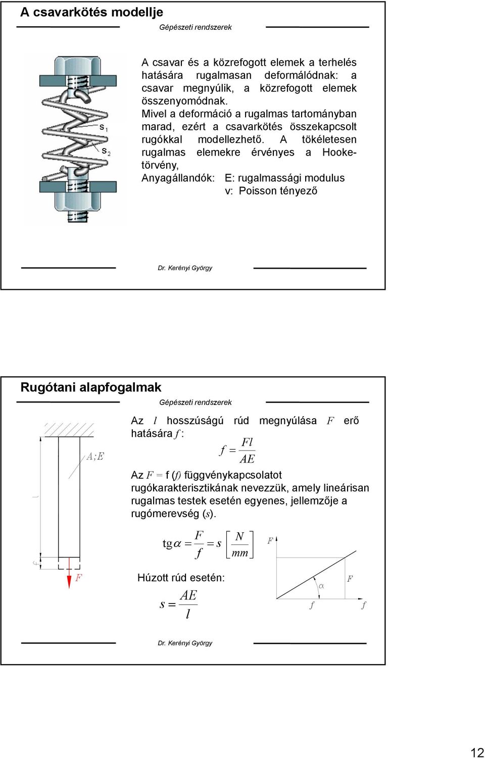 A tökéletesen rugalmas elemekre érvényes a Hooketörvény, Anyagállandók: E: rugalmassági modulus ν: Poisson tényező Rugótani alapfogalmak Az l hosszúságú rúd