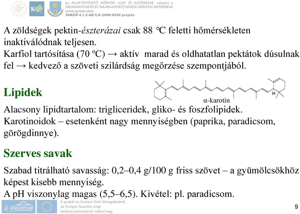 Lipidek Alacsony lipidtartalom: trigliceridek, gliko- és foszfolipidek.