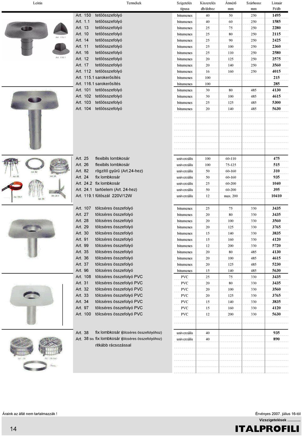 17 tetőösszefolyó bitumenes 20 140 250 3560 Art. 112 tetőösszefolyó bitumenes 16 160 250 4015 Art. 115.1 sarokerősítés bitumenes 100 215 Art. 116.1 sarokerősítés bitumenes 100 285 Art.