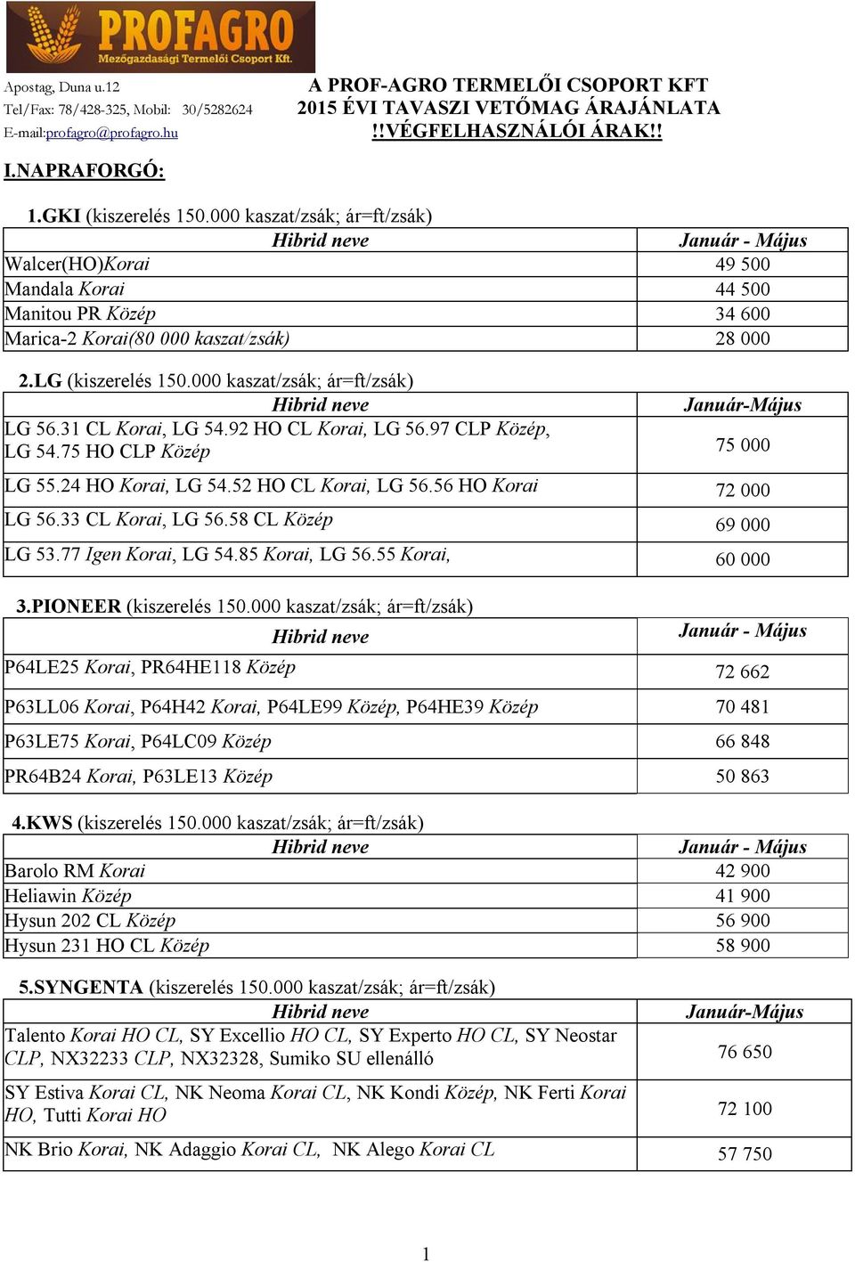 000 kaszat/zsák; ár=ft/zsák) LG 56.31 CL Korai, LG 54.92 HO CL Korai, LG 56.97 CLP Közép, LG 54.75 HO CLP Közép 75 000 LG 55.24 HO Korai, LG 54.52 HO CL Korai, LG 56.56 HO Korai 72 000 LG 56.