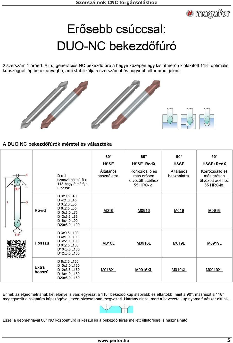 A DUO NC bekezdőfúrók méretei és választéka 6 6 9 9 HSSE HSSE+RedX HSSE HSSE+RedX D x d szerszámátmérő x 118 hegy átmérője, L hossz Általános használatra.