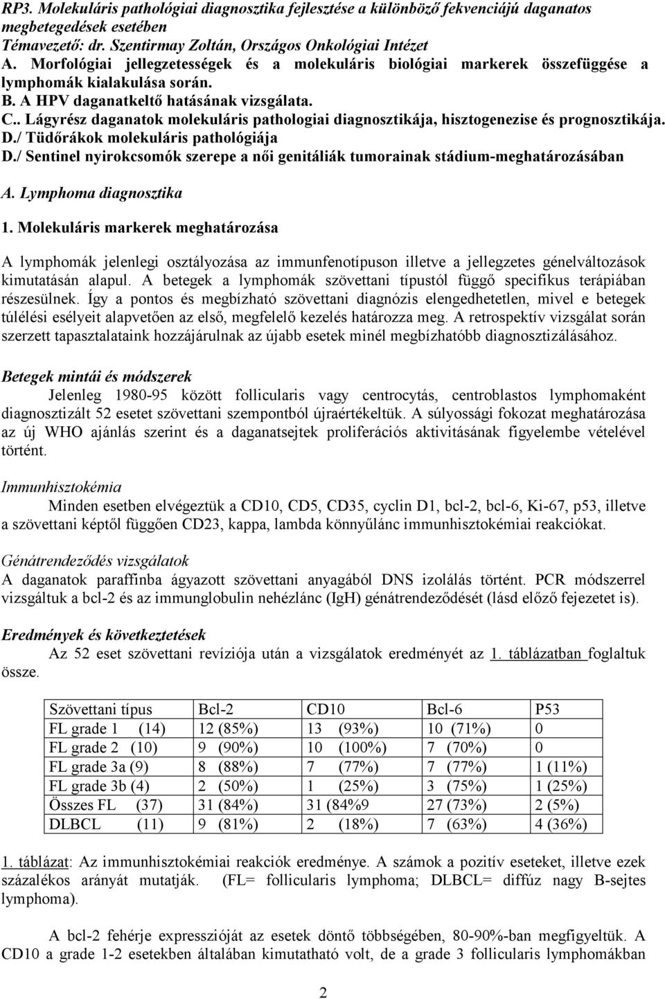 . Lágyrész daganatok molekuláris pathologiai diagnosztikája, hisztogenezise és prognosztikája. D./ Tüdőrákok molekuláris pathológiája D.