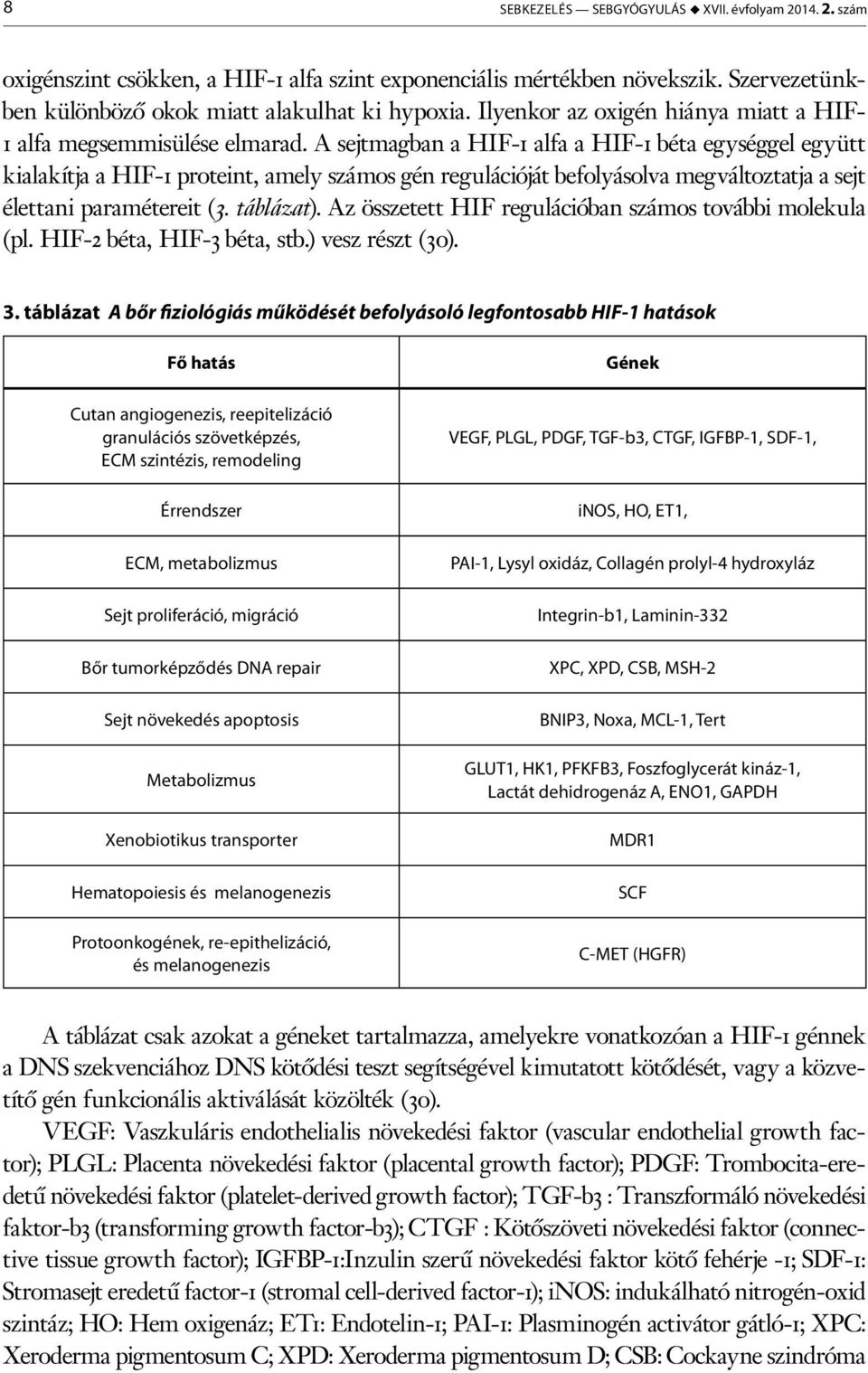 A sejtmagban a HIF-1 alfa a HIF-1 béta egységgel együtt kialakítja a HIF-1 proteint, amely számos gén regulációját befolyásolva megváltoztatja a sejt élettani paramétereit (3. táblázat).