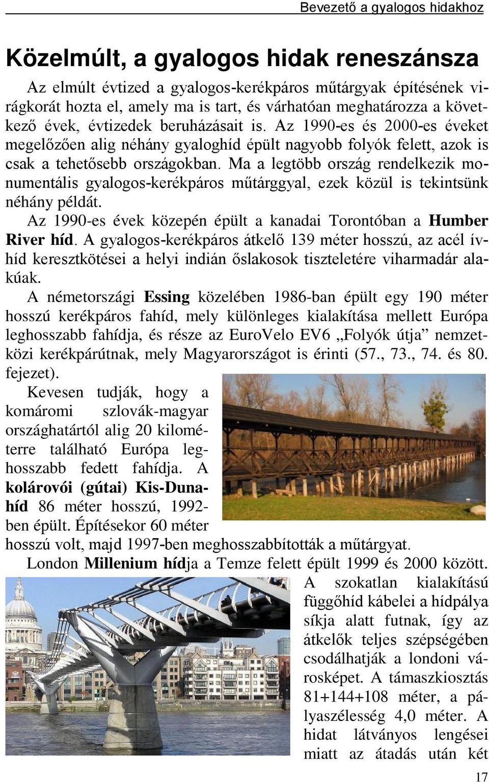 Ma a legtöbb ország rendelkezik monumentális gyalogos-kerékpáros műtárggyal, ezek közül is tekintsünk néhány példát. Az 1990-es évek közepén épült a kanadai Torontóban a Humber River híd.