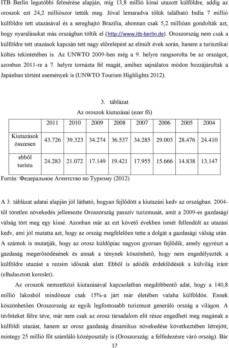 itb-berlin.de). Oroszország nem csak a külföldre tett utazások kapcsán tett nagy előrelépést az elmúlt évek során, hanem a turisztikai költés tekintetében is. Az UNWTO 2009-ben még a 9.