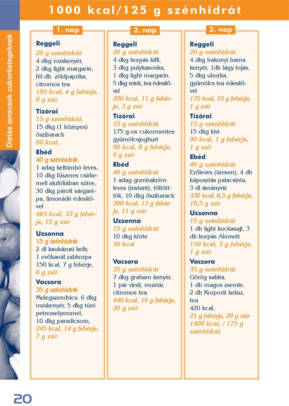 alufóliában sütve, 30 dkg párolt sárgarépa, limonádé édesítõvel 465 kcal, 33 g fehérje, 15 g zsír Uzsonna 15 g szénhidrát 2 dl kaukázusi kefir, 1 evõkanál zabkorpa 150 kcal, 7 g fehérje, 6 g zsír