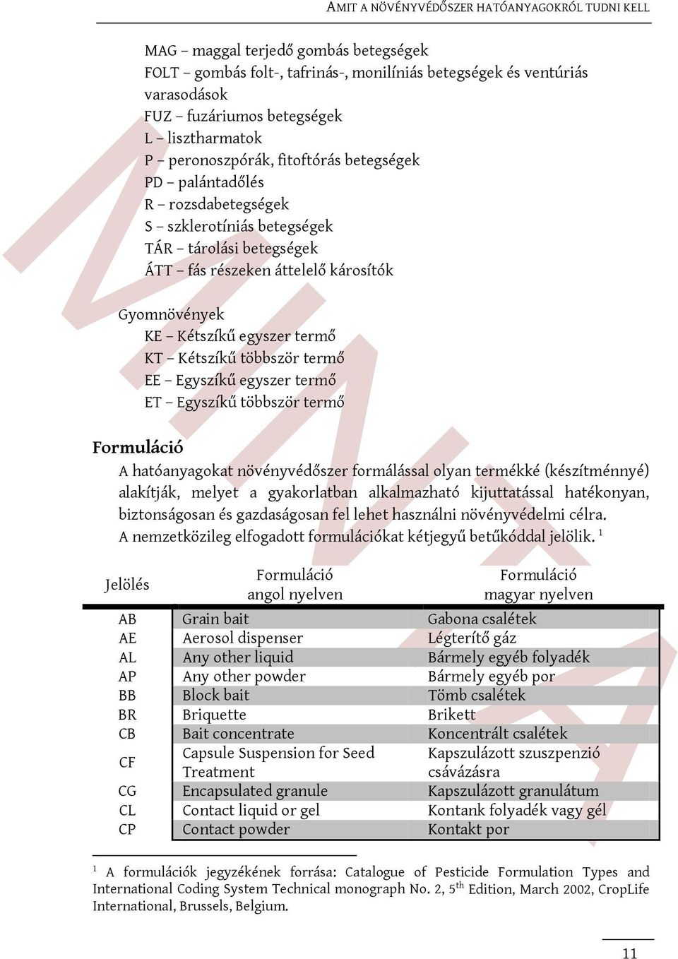 egyszer termő ET Egyszíkű többször termő Formuláció A hatóanyagokat növényvédőszer formálással olyan termékké (készítménnyé) alakítják, melyet a gyakorlatban alkalmazható kijuttatással hatékonyan,