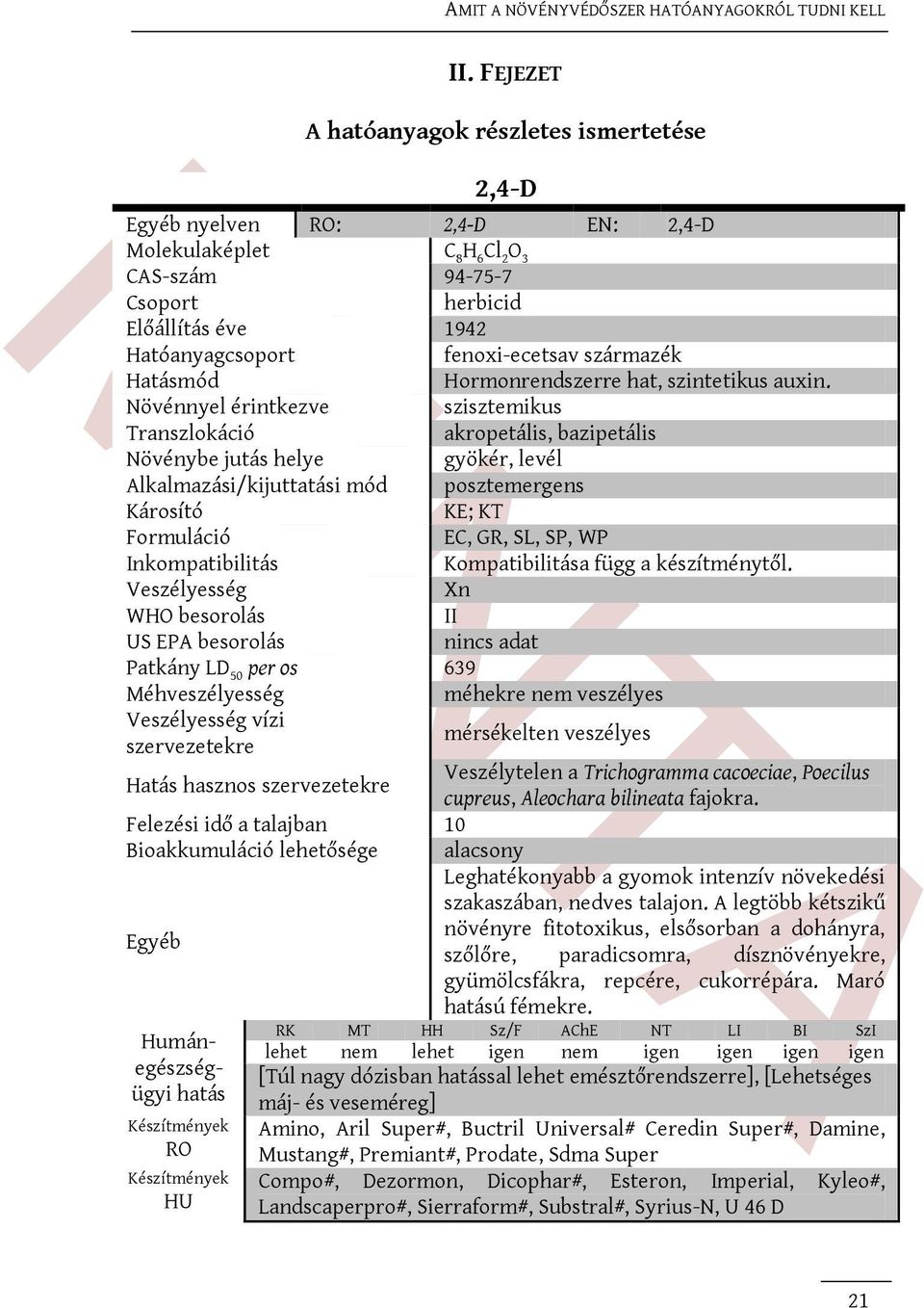 Növénnyel érintkezve szisztemikus Transzlokáció akropetális, bazipetális Növénybe jutás helye gyökér, levél Alkalmazási/kijuttatási mód posztemergens Károsító KE; KT Formuláció EC, GR, SL, SP, WP