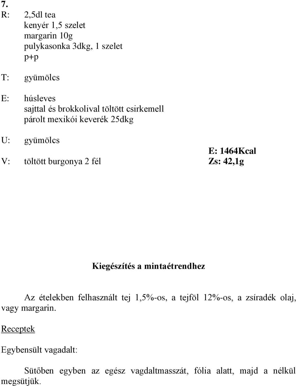 42,1g Kiegészítés a mintaétrendhez Az ételekben felhasznált tej 1,5%-os, a tejföl 12%-os, a zsíradék olaj,