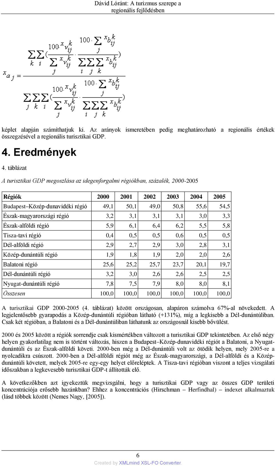 táblázat A turisztikai GDP megoszlása az idegenforgalmi régiókban, százalék, 2000-2005 Régiók 2000 2001 2002 2003 2004 2005 Budapest Közép-dunavidéki régió 49,1 50,1 49,0 50,8 55,6 54,5