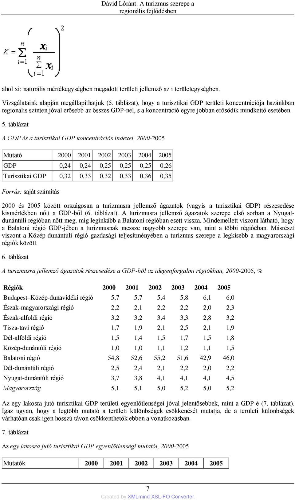 táblázat A GDP és a turisztikai GDP koncentrációs indexei, 2000-2005 Mutató 2000 2001 2002 2003 2004 2005 GDP 0,24 0,24 0,25 0,25 0,25 0,26 Turisztikai GDP 0,32 0,33 0,32 0,33 0,36 0,35 Forrás: saját