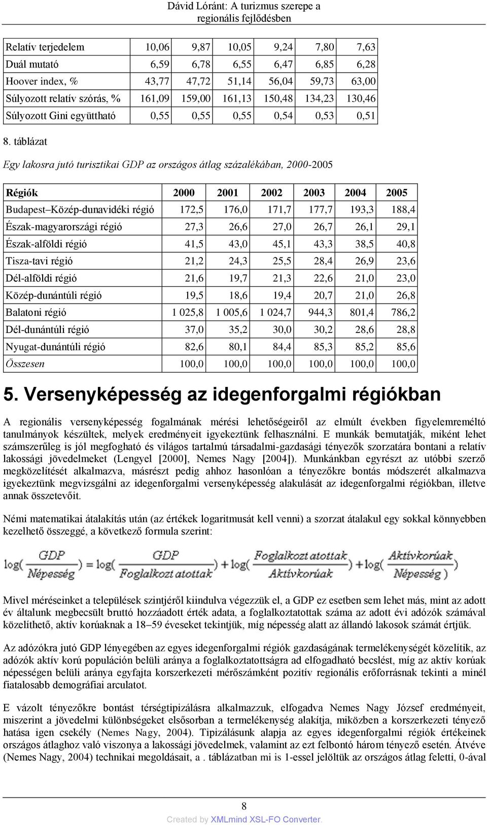 táblázat Egy lakosra jutó turisztikai GDP az országos átlag százalékában, 2000-2005 Régiók 2000 2001 2002 2003 2004 2005 Budapest Közép-dunavidéki régió 172,5 176,0 171,7 177,7 193,3 188,4