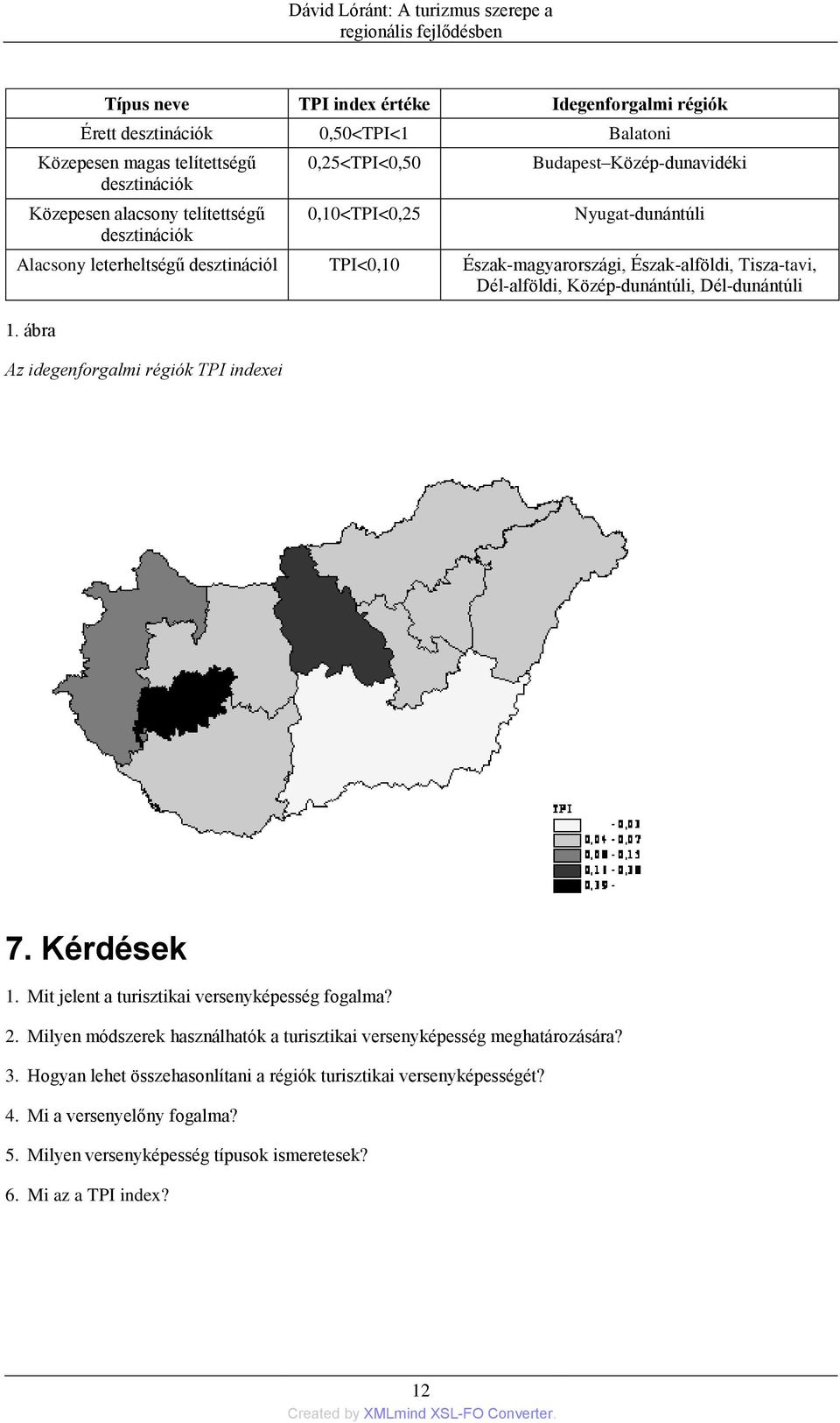 Dél-alföldi, Közép-dunántúli, Dél-dunántúli 1. ábra Az idegenforgalmi régiók TPI indexei 7. Kérdések 1. Mit jelent a turisztikai versenyképesség fogalma? 2.