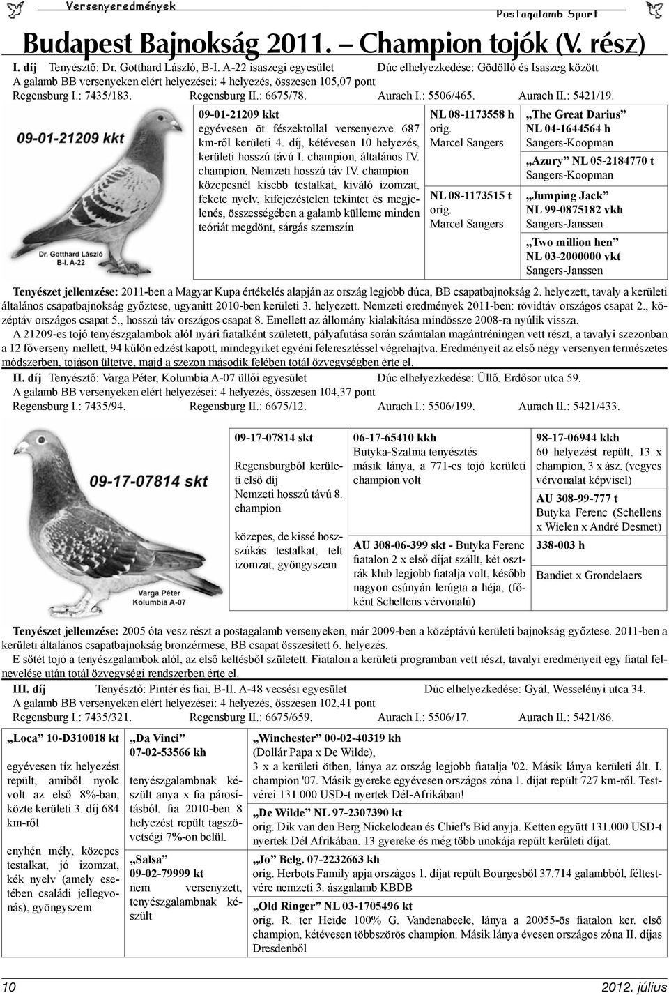 Aurach I.: 5506/465. Aurach II.: 5421/19. Loca 10-D310018 kt egyévesen tíz helyezést repült, amiből nyolc volt az első 8%-ban, közte kerületi 3.