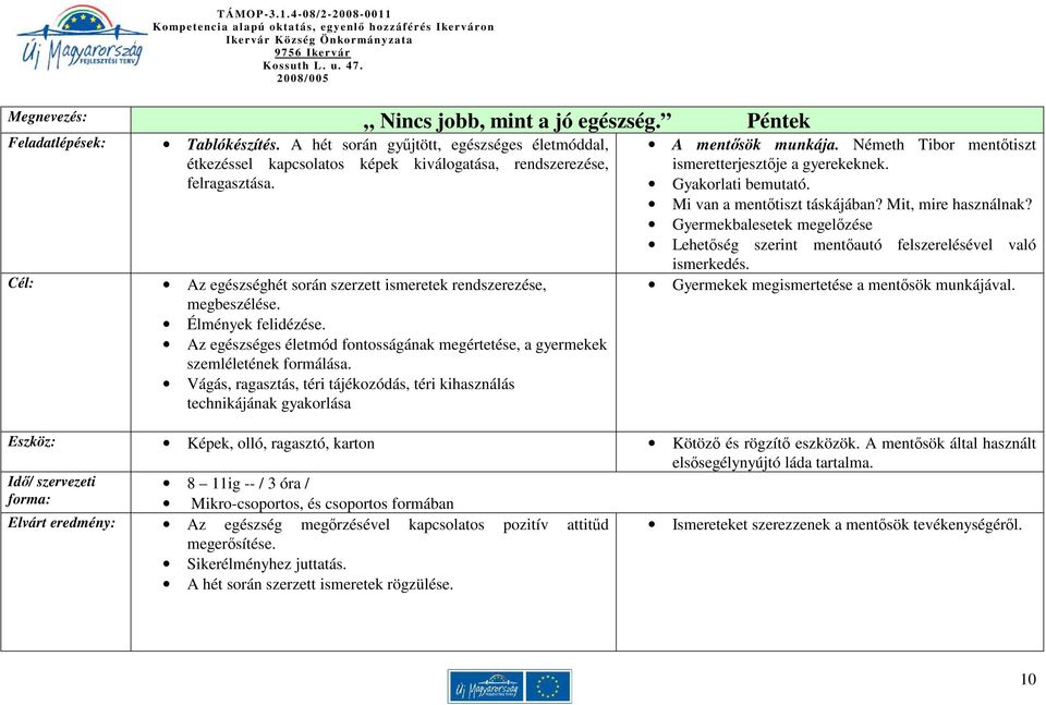 Élmények felidézése. Az egészséges életmód fontosságának megértetése, a gyermekek szemléletének formálása.