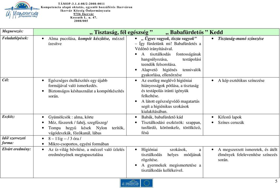 Eszköz: Gyümölcsök : alma, körte Méz, főszerek / fahéj, szegfőszeg/ Tompa hegyő kések Nylon terítık, vágódeszkák, fızıkanál, lábas Idı/ szervezeti forma: 8 11ig -- / 3 óra / Mikro-csoportos, egyéni