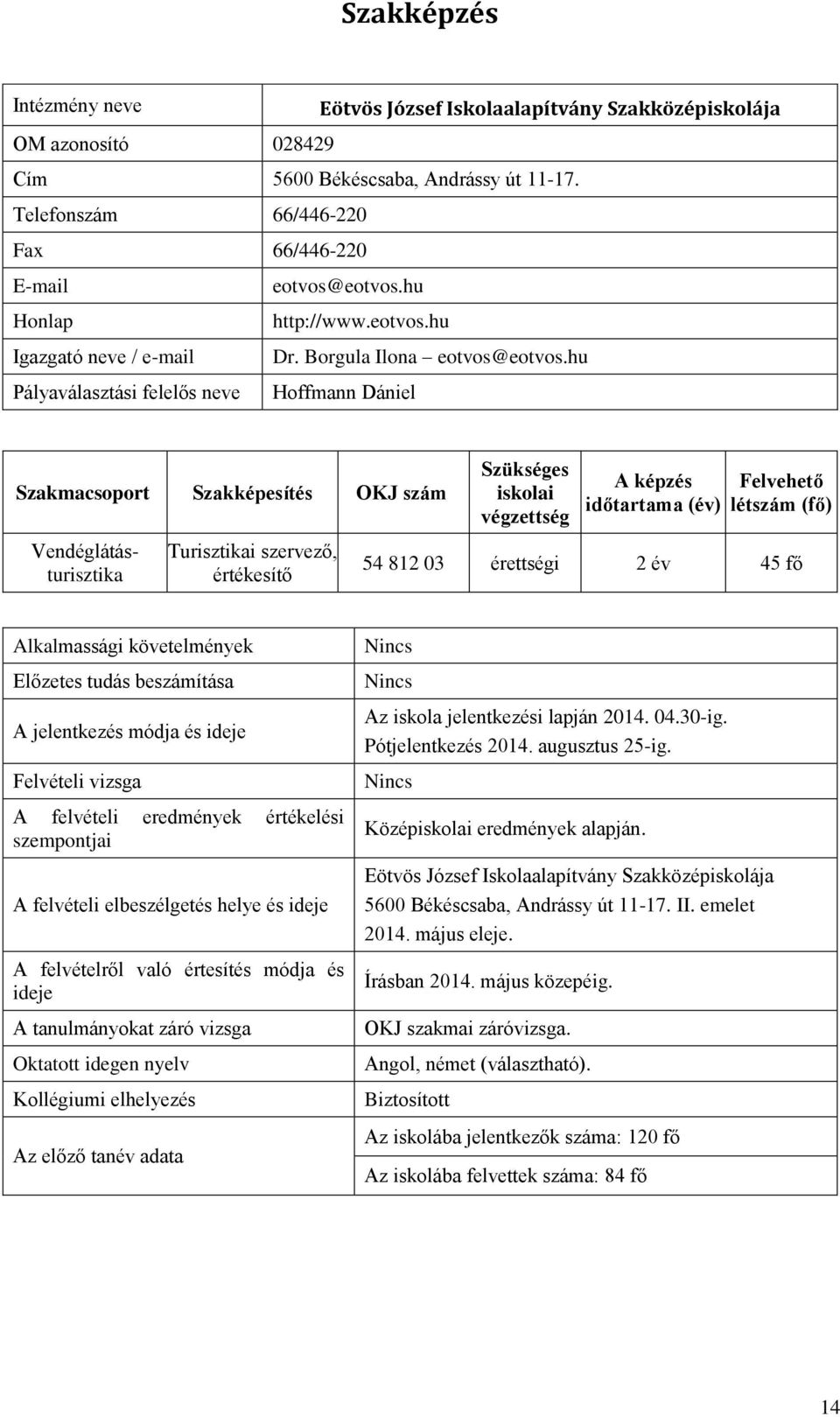 hu Pályaválasztási felelős neve Hoffmann Dániel Szakmacsoport Szakképesítés OKJ szám Vendéglátásturisztika Turisztikai szervező, értékesítő létszám (fő) 54 812 03 érettségi 2 év 45 fő Alkalmassági