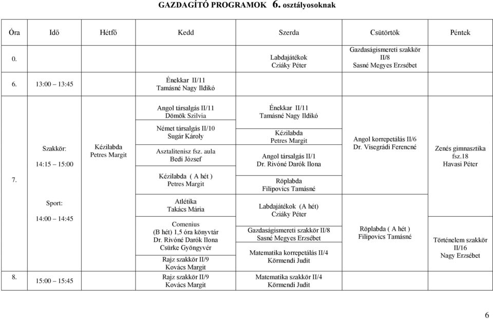 Sugár Károly Asztalitenisz fsz. aula Bedi József Angol társalgás II/1 Angol korrepetálás II/6 Dr. Visegrádi Ferencné Zenés gimnasztika fsz.18 Havasi Péter 7.