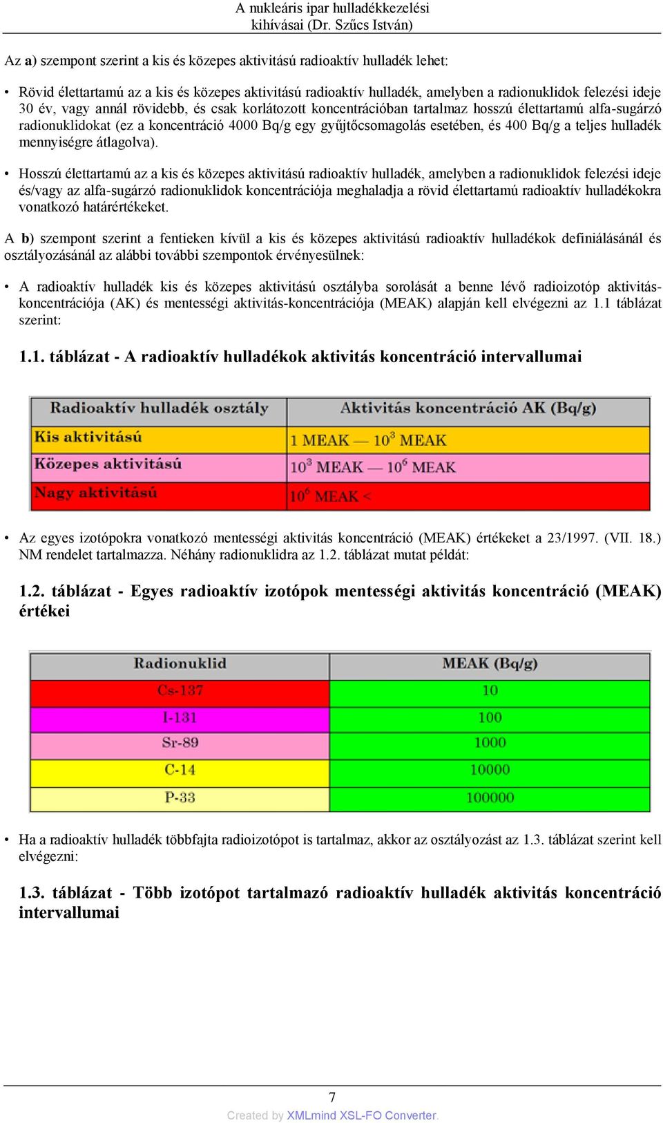 ideje 30 év, vagy annál rövidebb, és csak korlátozott koncentrációban tartalmaz hosszú élettartamú alfa-sugárzó radionuklidokat (ez a koncentráció 4000 Bq/g egy gyűjtőcsomagolás esetében, és 400 Bq/g