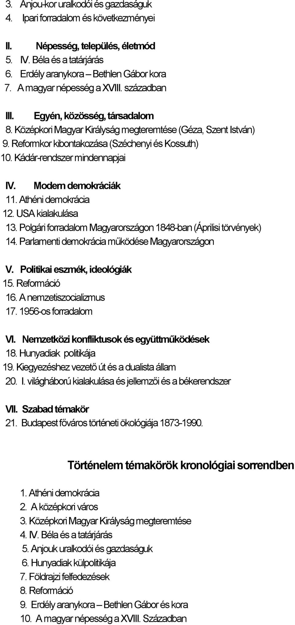 Kádár-rendszer mindennapjai IV. Modern demokráciák 11. Athéni demokrácia 12. USA kialakulása 13. Polgári forradalom Magyarországon 1848-ban (Áprilisi törvények) 14.