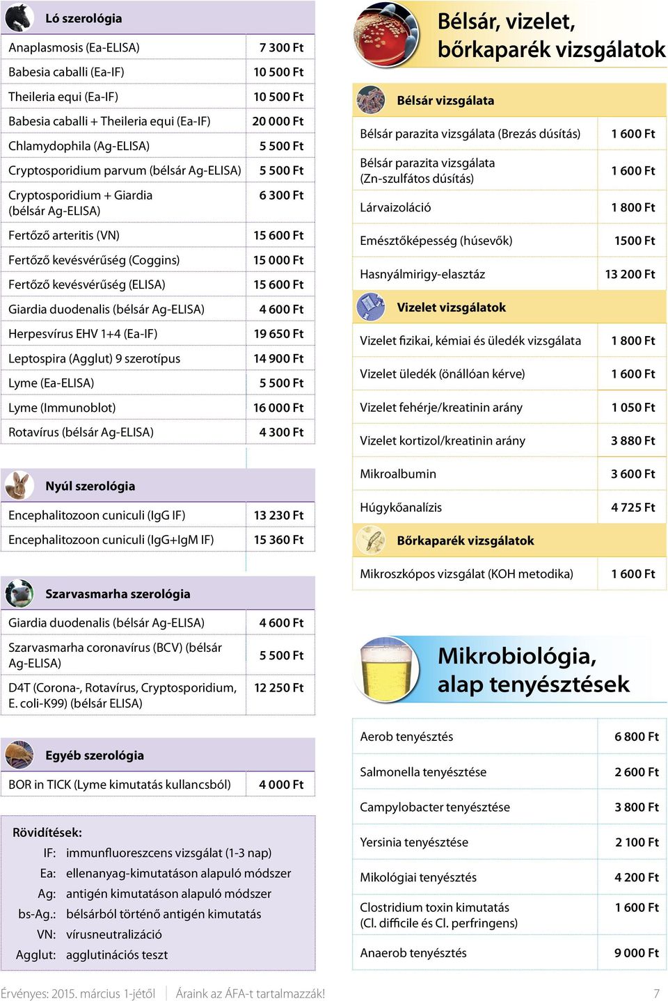 Leptospira (Agglut) 9 szerotípus Lyme (Ea-ELISA) Lyme (Immunoblot) Rotavírus (bélsár Ag-ELISA) 7 300 Ft 20 000 Ft 5 5 6 300 Ft 15 600 Ft 15 000 Ft 15 600 Ft 4 600 Ft 19 650 Ft 14 900 Ft 5 16 000 Ft 4
