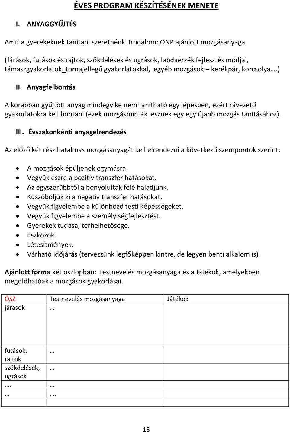 Anyagfelbontás A korábban gyűjtött anyag mindegyike nem tanítható egy lépésben, ezért rávezető gyakorlatokra kell bontani (ezek mozgásminták lesznek egy egy újabb mozgás tanításához). III.