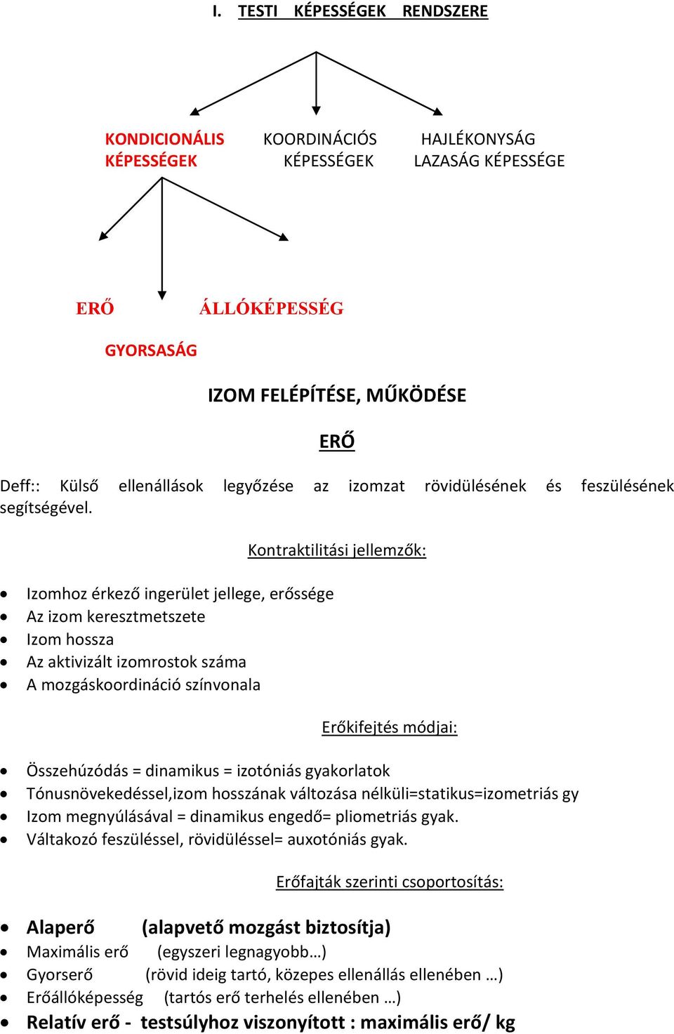 Kontraktilitási jellemzők: Izomhoz érkező ingerület jellege, erőssége Az izom keresztmetszete Izom hossza Az aktivizált izomrostok száma A mozgáskoordináció színvonala Erőkifejtés módjai: