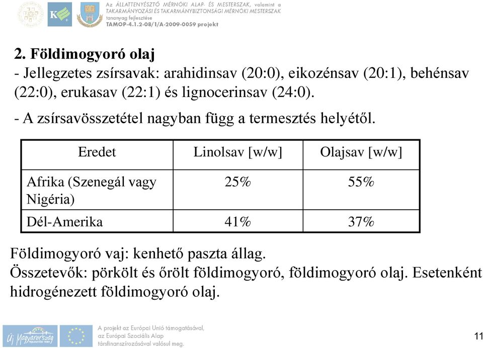 Eredet Linolsav [w/w] Olajsav [w/w] Afrika (Szenegál vagy Nigéria) 25% 55% Dél-Amerika 41% 37% Földimogyoró