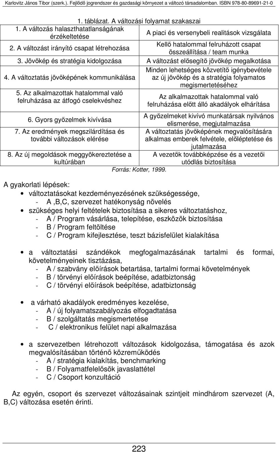 A változtatás jövőképének kommunikálása 5. Az alkalmazottak hatalommal való felruházása az átfogó cselekvéshez 6. Gyors győzelmek kivívása 7.