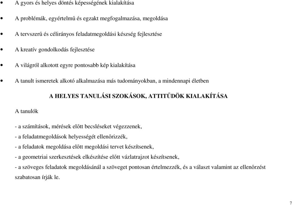 ATTITŰDÖK KIALAKÍTÁSA A tanulók - a számítások, mérések előtt becsléseket végezzenek, - a feladatmegoldások helyességét ellenőrizzék, - a feladatok megoldása előtt megoldási tervet