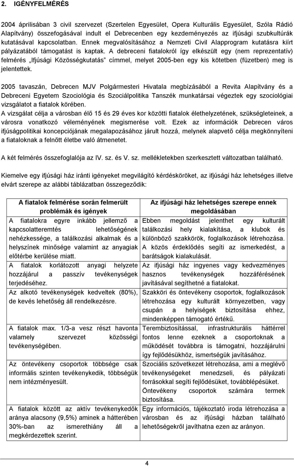 A debreceni fiatalokról így elkészült egy (nem reprezentatív) felmérés Ifjúsági Közösségkutatás címmel, melyet 2005-ben egy kis kötetben (füzetben) meg is jelentettek.