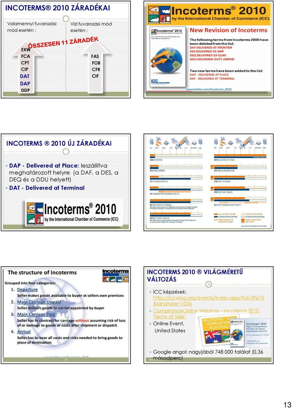 Delivered at Terminal INCOTERMS 2010 VILÁGMÉRETŐ VÁLTOZÁS 78 ICC képzések: http://iccwbo.org/events/index.aspx?