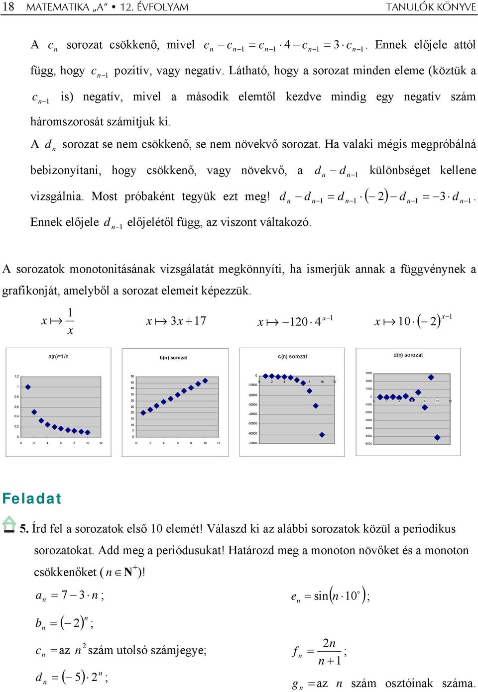 Ha valaki mégis megpróbálá bebizoyítai, hogy csökkeő, vagy övekvő, a d d külöbséget kellee vizsgália. Most próbakét tegyük ezt meg! d d ( ) d 3 d Eek előjele d előjelétől függ, az viszot váltakozó. d. A sorozatok mootoitásáak vizsgálatát megköyíti, ha ismerjük aak a függvéyek a grafikoját, amelyből a sorozat elemeit képezzük.