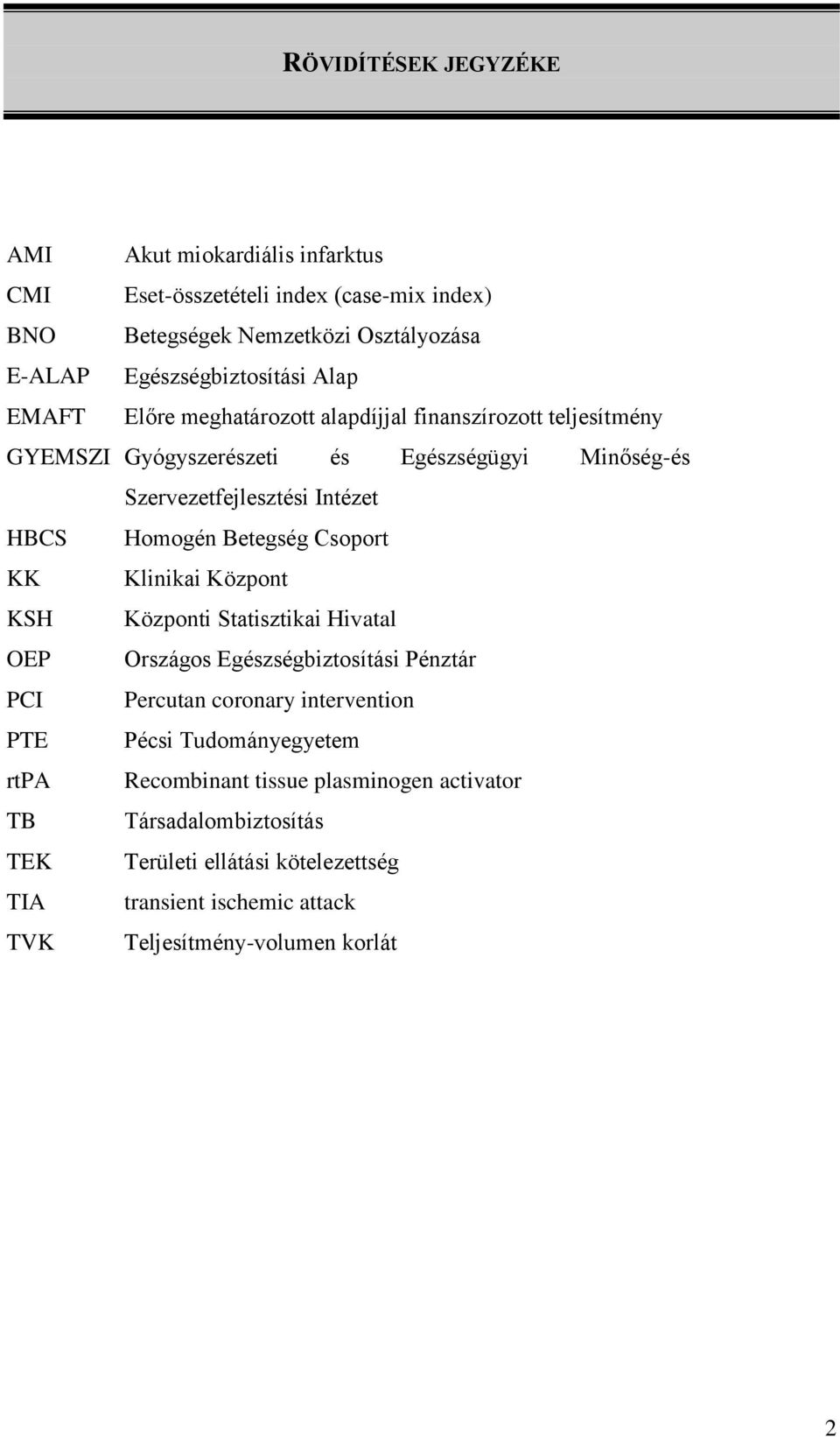 Betegség Csoport KK Klinikai Központ KSH Központi Statisztikai Hivatal OEP Országos Egészségbiztosítási Pénztár PCI Percutan coronary intervention PTE Pécsi