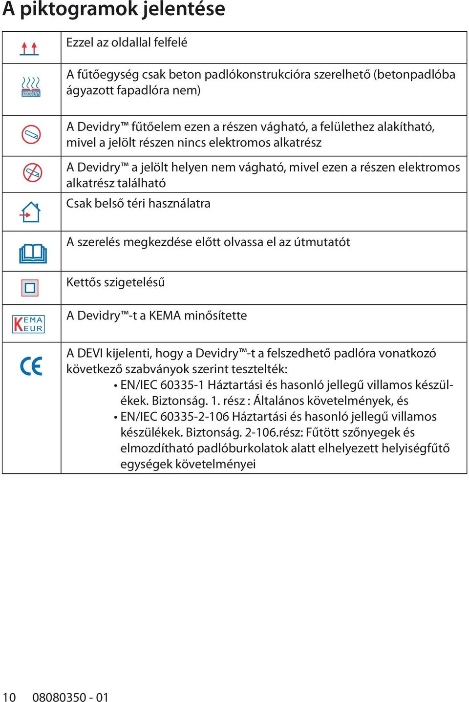 téri használatra EMA KEUR A szerelés megkezdése előtt olvassa el az útmutatót EMA KEUR Kettős szigetelésű EMA KEUR EMA KEUR A Devidry -t a KEMA minősítette K A DEVI kijelenti, hogy a Devidry -t a