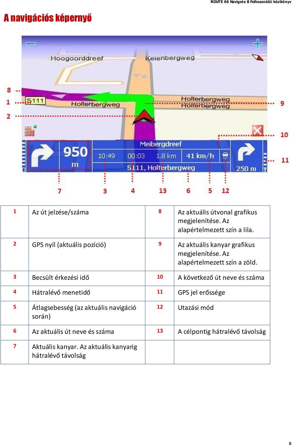 3 Becsült érkezési idő 10 A következő út neve és száma 4 Hátralévő menetidő 11 GPS jel erőssége 5 Átlagsebesség (az aktuális