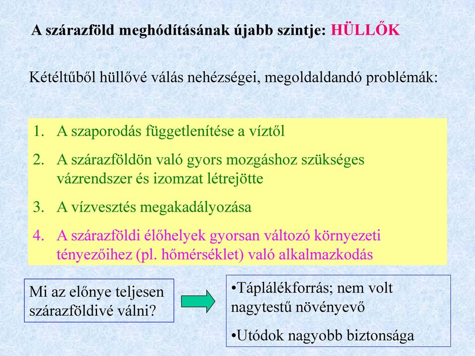 A szárazföldön való gyors mozgáshoz szükséges vázrendszer és izomzat létrejötte 3. A vízvesztés megakadályozása 4.