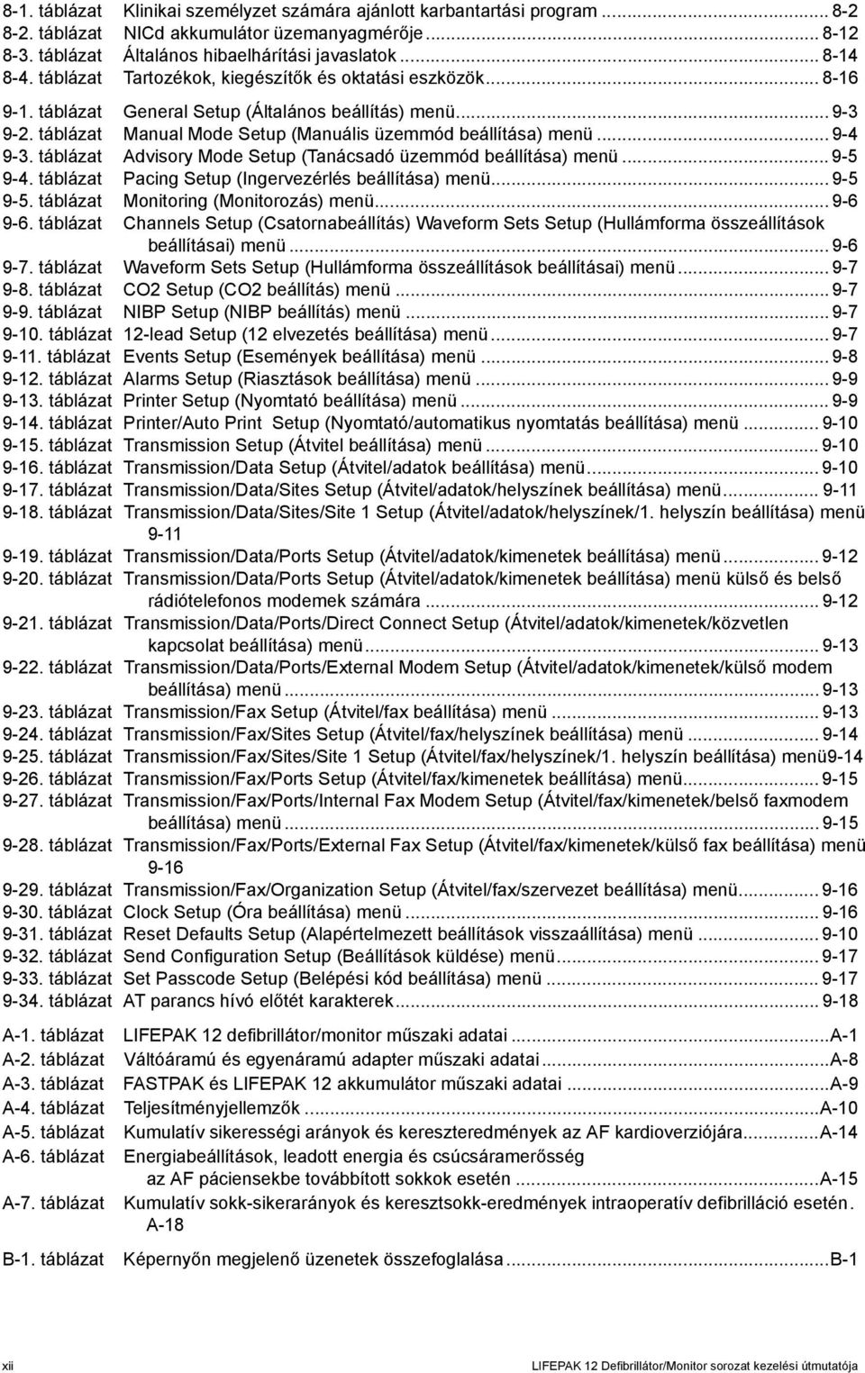 táblázat Advisory Mode Setup (Tanácsadó üzemmód beállítása) menü... 9-5 9-4. táblázat Pacing Setup (Ingervezérlés beállítása) menü... 9-5 9-5. táblázat Monitoring (Monitorozás) menü... 9-6 9-6.