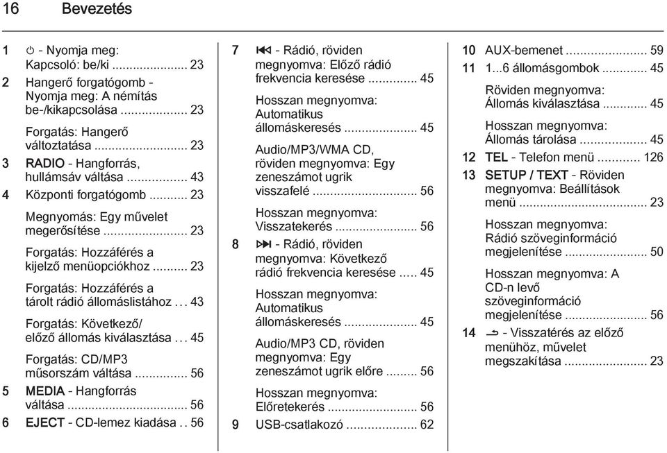 ..43 Forgatás: Következő/ előző állomás kiválasztása...45 Forgatás: CD/MP3 műsorszám váltása... 56 5 MEDIA - Hangforrás váltása... 56 6 EJECT - CD-lemez kiadása.