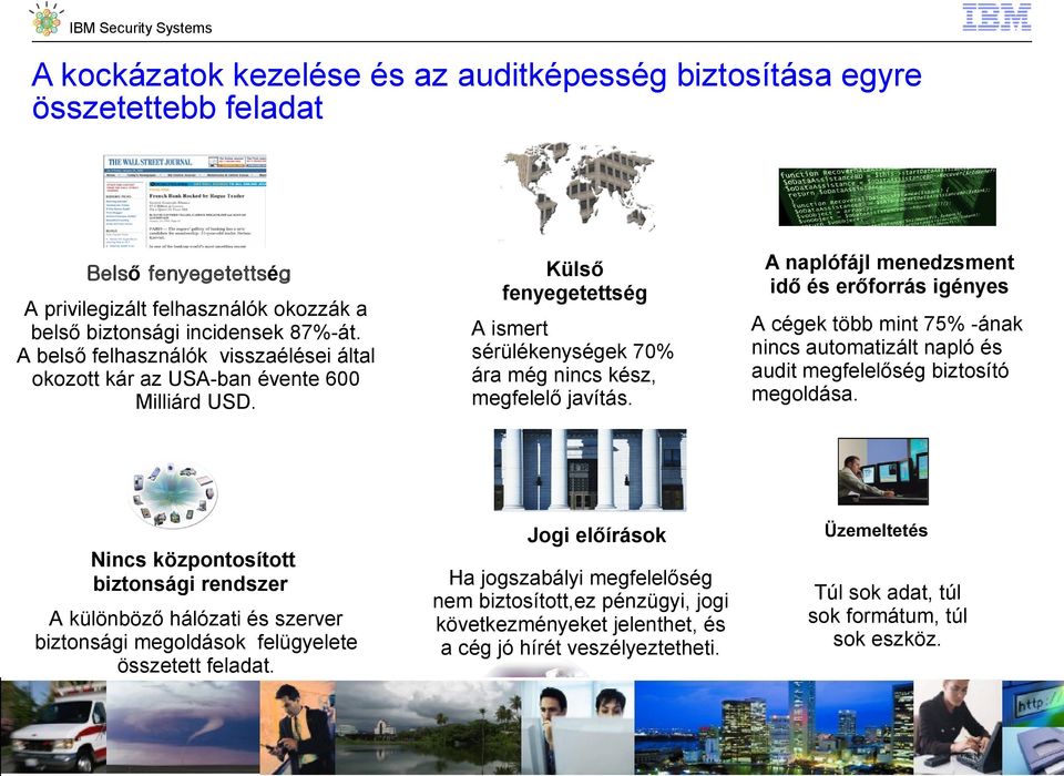 Külső fenyegetettség A naplófájl menedzsment idő és erőforrás igényes A ismert sérülékenységek 70% ára még nincs kész, megfelelő javítás.