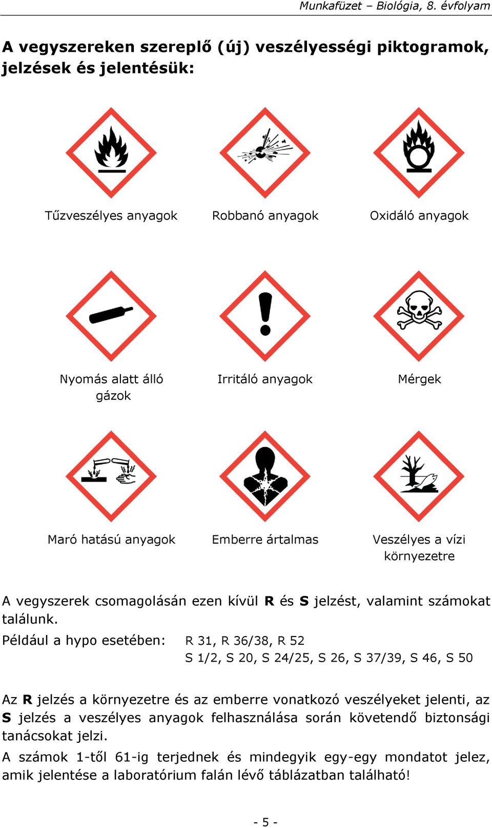 Például a hypo esetében: R 31, R 36/38, R 52 S 1/2, S 20, S 24/25, S 26, S 37/39, S 46, S 50 Az R jelzés a környezetre és az emberre vonatkozó veszélyeket jelenti, az S jelzés a