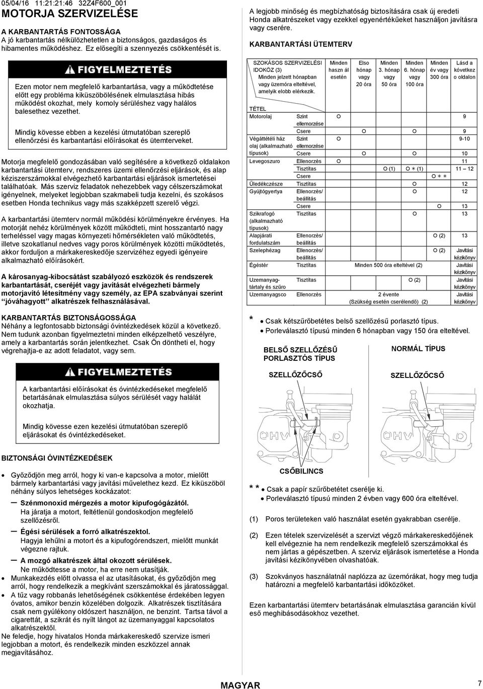 Ezen motor nem megfelelő karbantartása, vagy a működtetése előtt egy probléma kiküszöbölésének elmulasztása hibás működést okozhat, mely komoly sérüléshez vagy halálos balesethez vezethet.