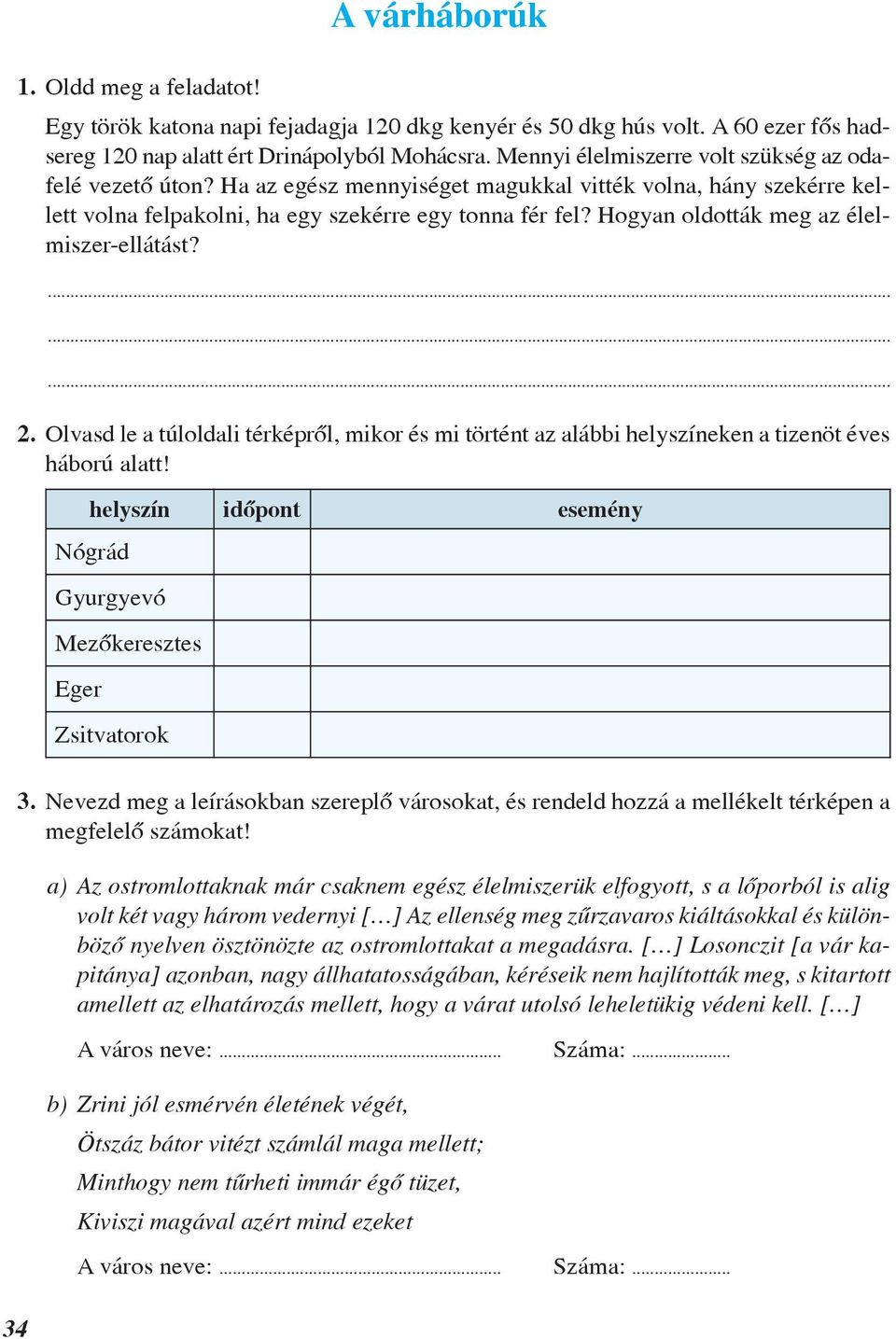 Hogyan oldották meg az élelmiszer-ellátást?......... 2. Olvasd le a túloldali térképrõl, mikor és mi történt az alábbi helyszíneken a tizenöt éves háború alatt!