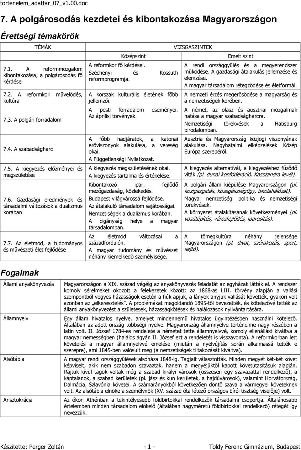 Széchenyi és Kossuth reformprogramja. A korszak kulturális életének főbb jellemzői. A pesti forradalom eseményei. Az áprilisi törvények.