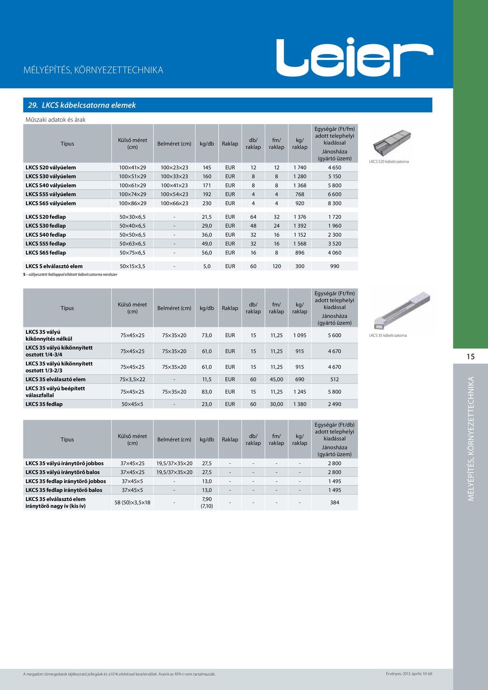 100 86 29 100 66 23 230 EUR 4 4 920 8 300 LKCS S20 kábelcsatorna LKCS S20 fedlap 50 30 6,5-21,5 EUR 64 32 1 376 1 720 LKCS S30 fedlap 50 40 6,5-29,0 EUR 48 24 1 392 1 960 LKCS S40 fedlap 50 50