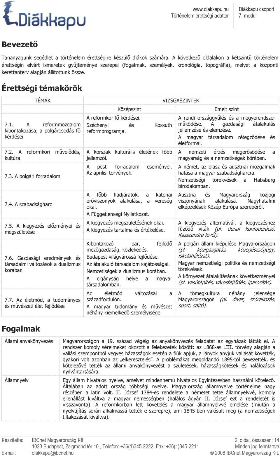 Érettségi témakörök TÉMÁK 7.1. A reformmozgalom kibontakozása, a polgárosodás fı kérdései 7.2. A reformkori mővelıdés, kultúra 7.3. A polgári forradalom 7.4. A szabadságharc 7.5.